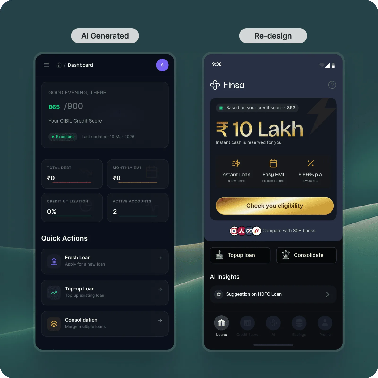 AI Generated versus Reonix re-design — fintech app screens